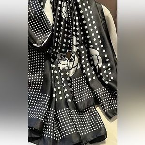 Scarf Polka Dot Black And White With Camellia, 70”x35”, 100% Polyester, New!